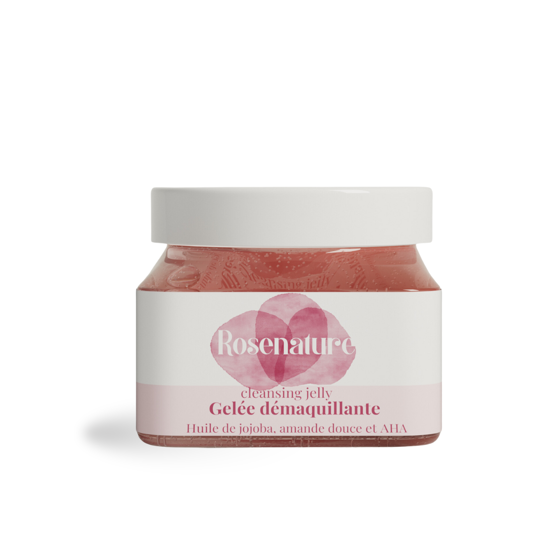 gelée démaquillante, nettoyant visage, peaux sensibles huile démaquillante, huile de jojoba, AHA (acides de fruits) par rosenature-france.fr