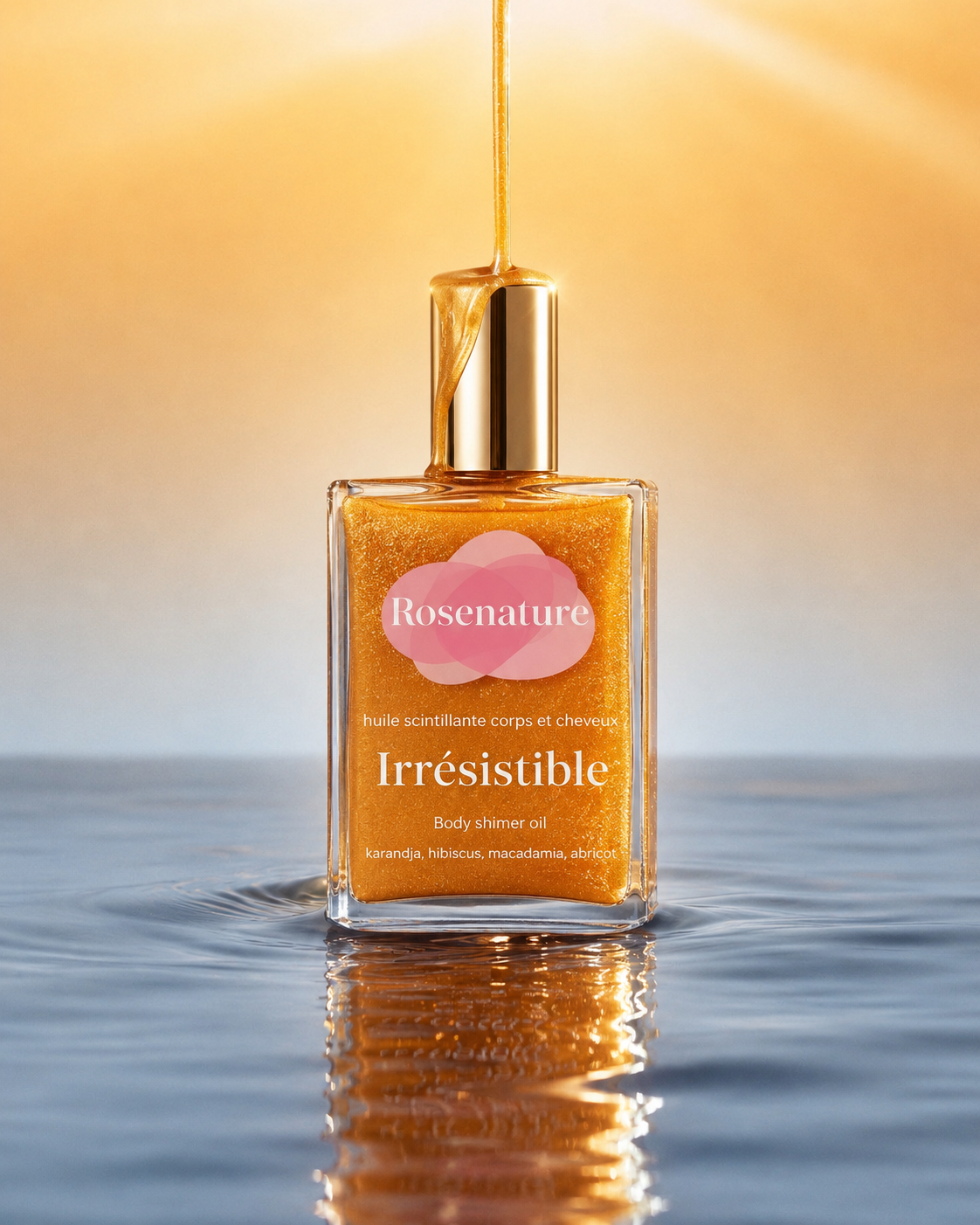 Flacon huile scintillante naturelle Irrésistible Rosenature effet glow doré