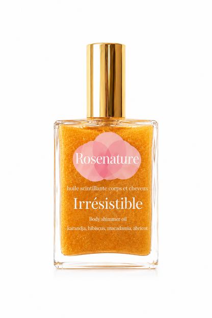 Huile scintillante corps et cheveux Rosenature Irrésistible au fini doré lumineux 